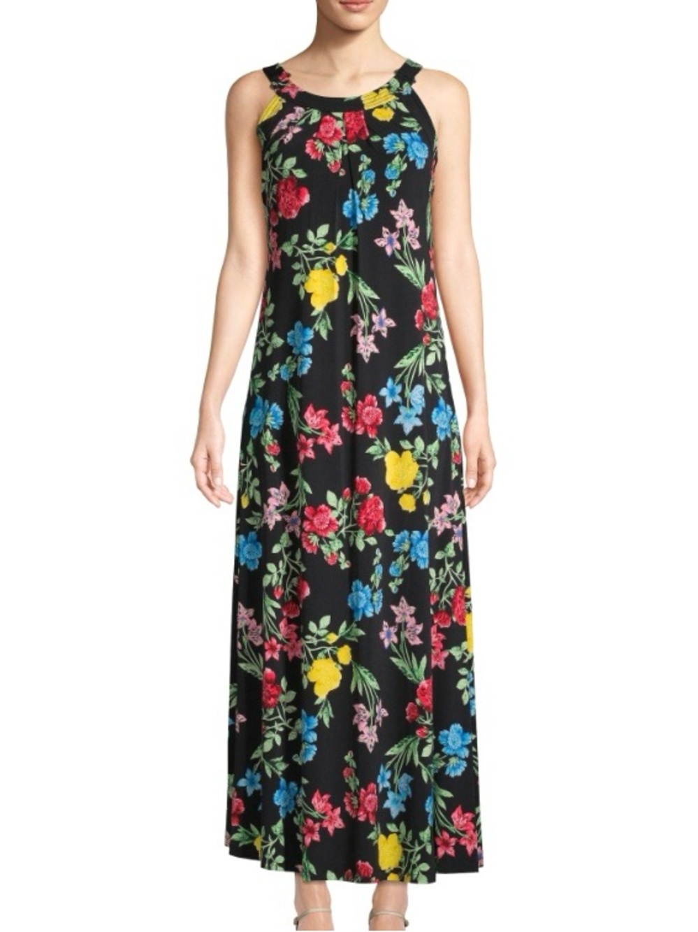 Calvin Klein Black Florals Flared A-Line Skirt Maxi Dress M Medium